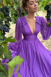 Look Fabulous in this Purple V-Neck Evening Dress with Long Sleeves and A-Line Design